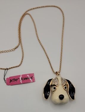 Betsey Johnson Gold-tone Black & Cream Dog Face Pendant Necklace 28" Chain